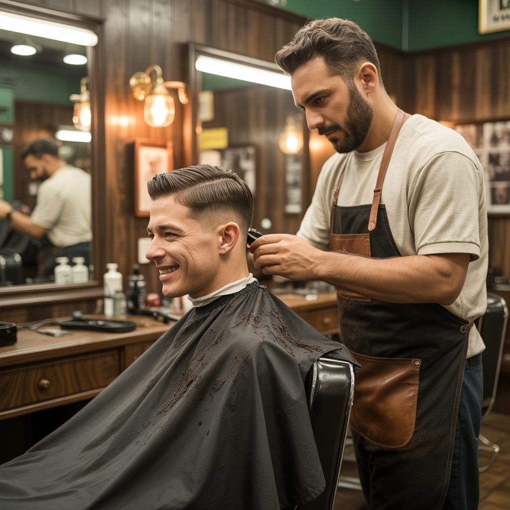 Cadeira de barbearia ocupada por cliente em corte — representação do alívio com o sistema